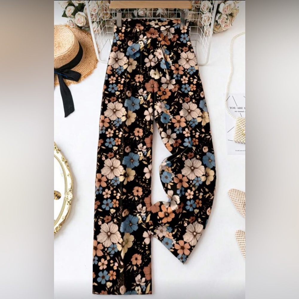 Women Floral Tie-Waist Wide Leg Casual Pants, Suitable For Spring & Summer